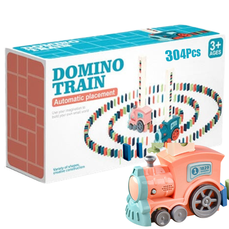 Train domino électrique automatique rose 304 pièces avec locomotive rose et accents turquoise, jeu éducatif de construction avec dominos colorés pour enfants 3+