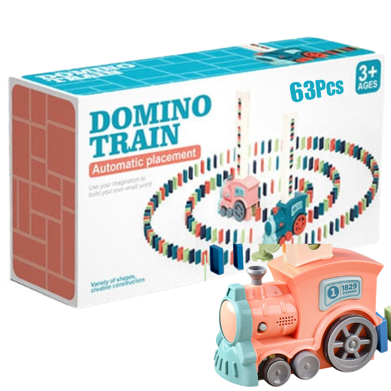 Train domino électrique automatique rose 63 pièces avec locomotive rose et détails turquoise, jeu de construction créative pour enfants dès 3 ans