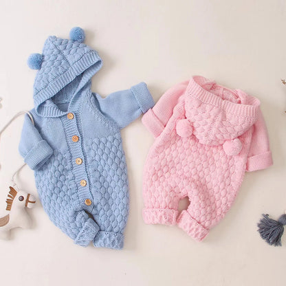 Autumn Winter Newborn Baby Boys Girls Bear Ear Knit Romper Hooded Sweater Jumpsuit Outfit Entre Bébé et Moi 