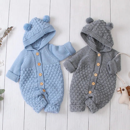 Autumn Winter Newborn Baby Boys Girls Bear Ear Knit Romper Hooded Sweater Jumpsuit Outfit Entre Bébé et Moi 