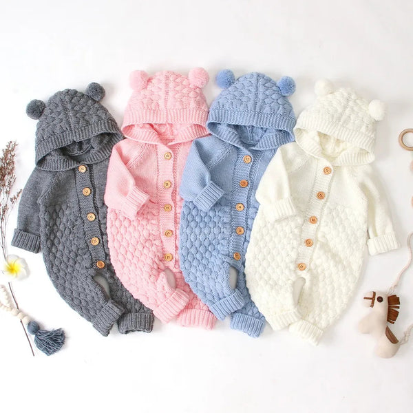 Autumn Winter Newborn Baby Boys Girls Bear Ear Knit Romper Hooded Sweater Jumpsuit Outfit Entre Bébé et Moi 