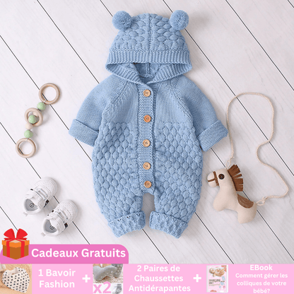 BabyBear | La Barboteuse Ourson Entre Bébé et Moi Barboteuse Bleue + 1 Bavoir Fashion + 2 Paires de Chaussettes Antidérapante + 1 Ebook 0-6M 