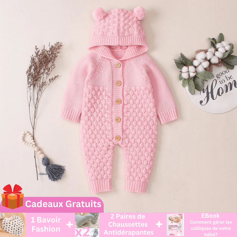 BabyBear | La Barboteuse Ourson Entre Bébé et Moi Barboteuse Rose + 1 Bavoir Fashion + 2 Paires de Chaussettes Antidérapante + 1 Ebook 0-6M 