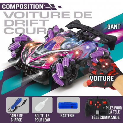 contenu de la boîte BatMotion avec gant, télécommande, batterie, câble USB et bouteille d’eau