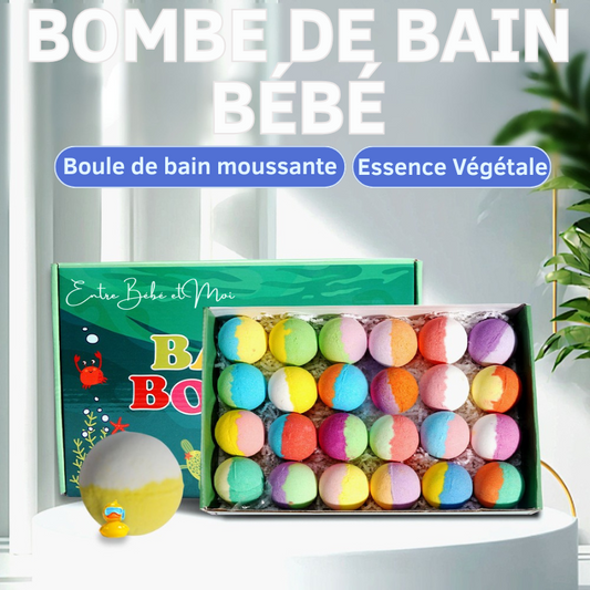 Vue d'ensemble du coffret bombes de bain bébé avec toute la collection de jouets surprises et bombes multicolores