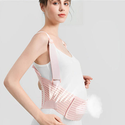 Ceinture de grossesse rose avec panneau de soutien ventral, fermetures ajustables et conception ergonomique anti-douleur