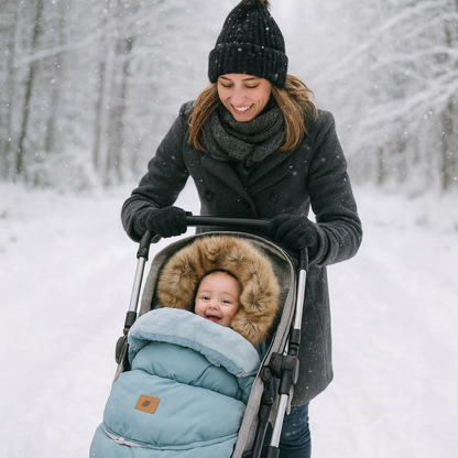 Chanceliere bleue hiver maman poussette neige exterieur capuche fourrure