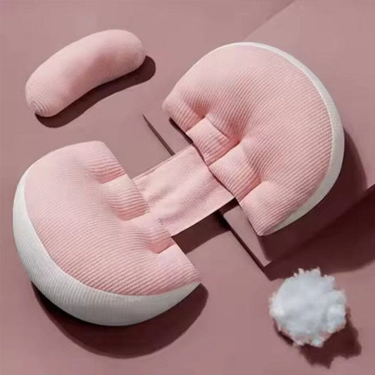 Coussin de grossesse ergonomique en forme de U couleur rose poudré avec bordures blanches, texture côtelée premium, présenté avec rembourrage coton