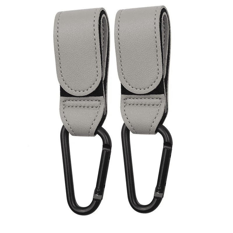 Lot de 2 CrochéBalade attaches poussette cuir gris avec mousqueton noir
