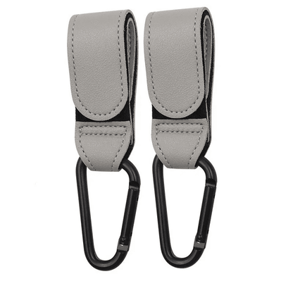 Lot de 2 CrochéBalade attaches poussette cuir gris avec mousqueton noir
