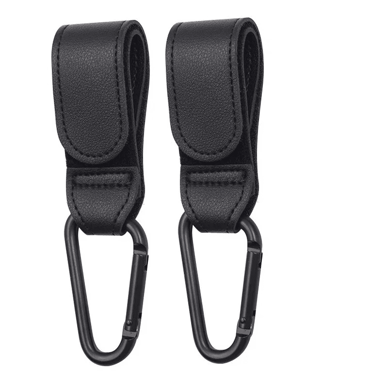 Lot de 2 CrochéBalade attaches poussette cuir noir avec mousqueton métallique