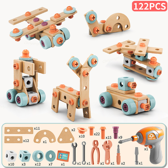 Jeu de construction enfant 122 pièces avec visseuse, outils et pièces en bois – kit Montessori éducatif pour petits bricoleurs.