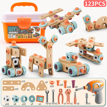 Jeu de construction enfant Bricokid 123 pièces avec boîte de rangement, perceuse et outils éducatifs pour développer la créativité.