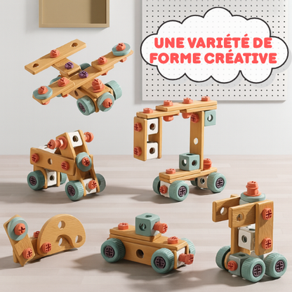 Jeu de construction enfant Bricokid avec différentes formes créatives en bois et plastique – avions, voitures et structures ludiques.