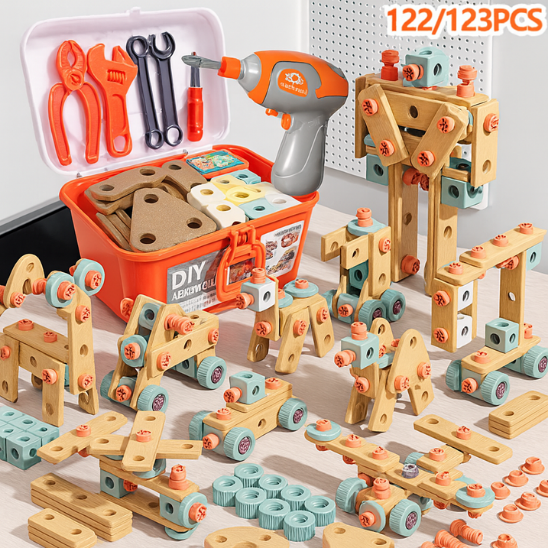 Jeu de construction enfant Bricokid avec perceuse électrique et boîte à outils complète – 123 pièces colorées pour apprendre en s’amusant.