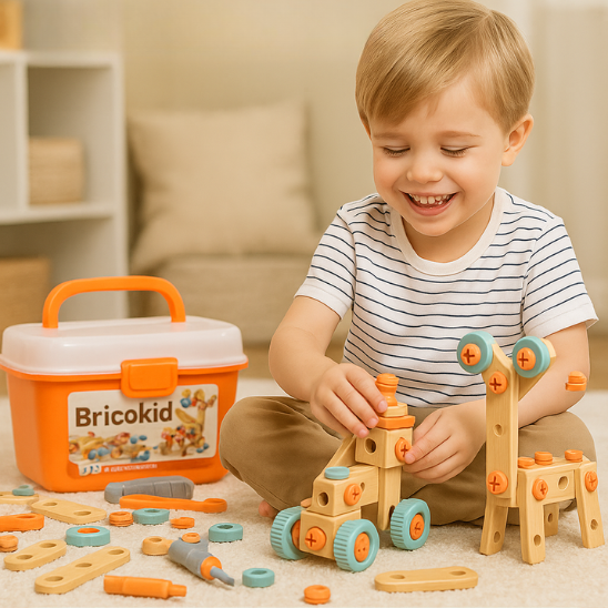 Enfant jouant avec un jeu de construction Bricokid – apprentissage Montessori ludique et créatif.