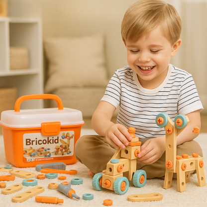 Enfant jouant avec un jeu de construction Bricokid – apprentissage Montessori ludique et créatif.