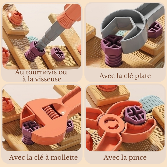 Jeu de construction enfant Bricokid avec outils éducatifs : tournevis, clé plate, clé à molette et pince – apprentissage du bricolage.