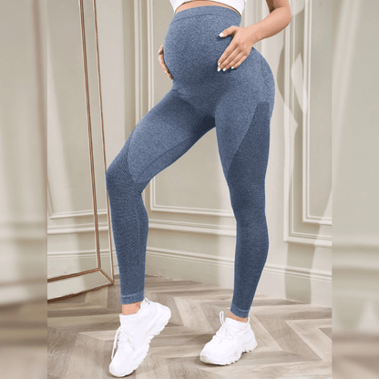 Leggings de maternité bleu taille haute - Soutien abdominal pour femme enceinte vue de profil