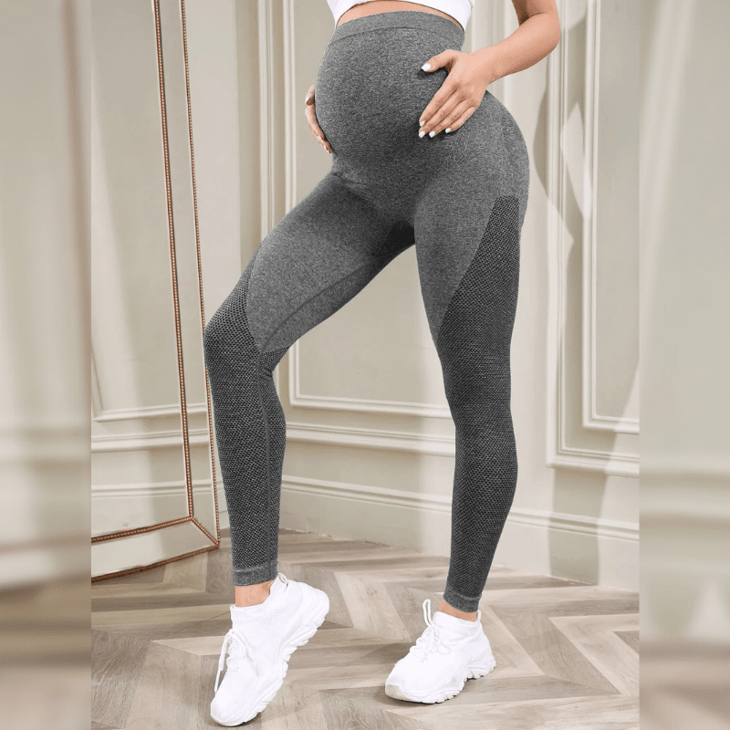 Leggings de maternité gris taille haute - Soutien abdominal pour femme enceinte vue de profil