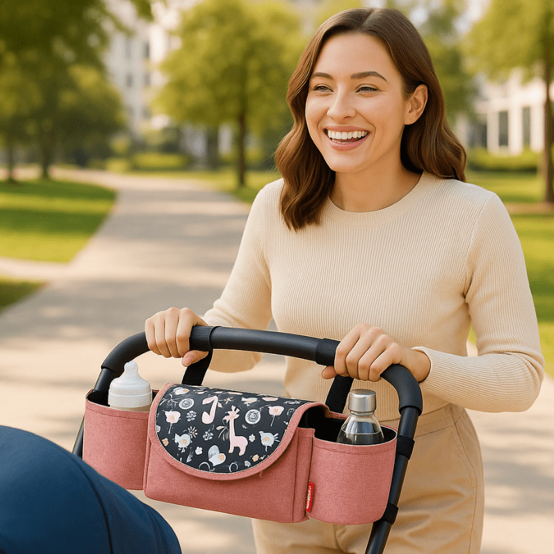 Jeune maman souriante en pull beige tenant une poussette avec un organisateur rose à motifs d'animaux attaché par des sangles noires dans un parc verdoyant