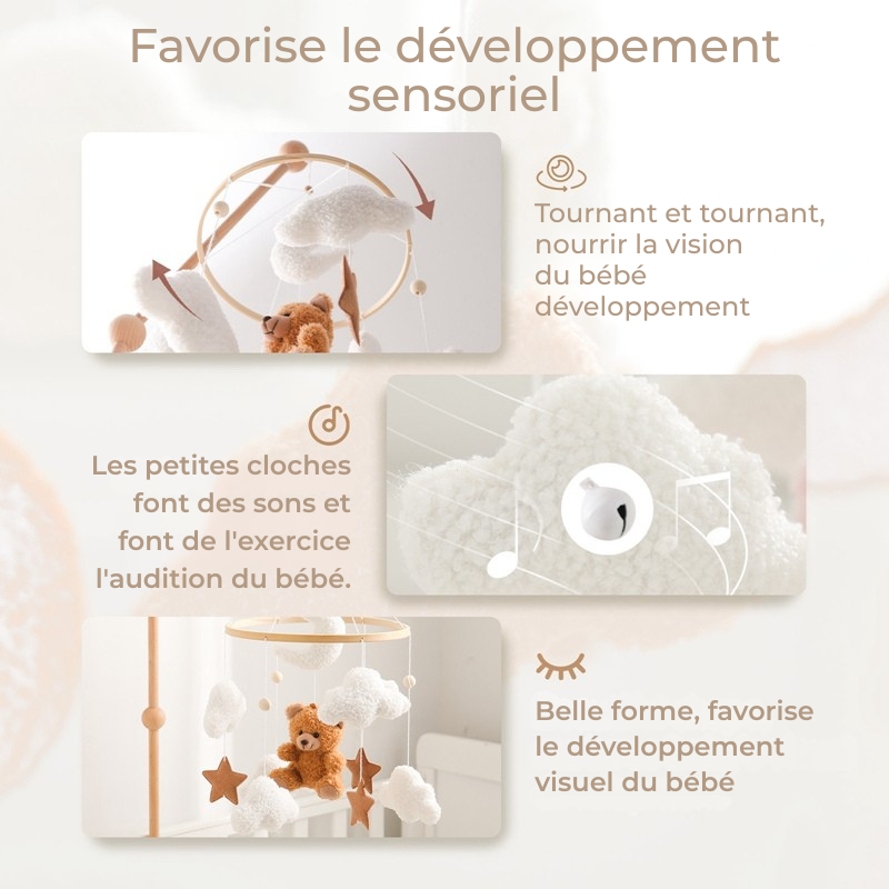 Mobile bebe favorise developpement sensoriel avec nounours tournant, nuages blancs et stimulation auditive visuelle