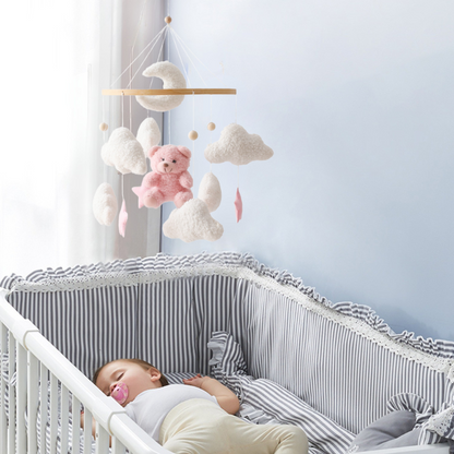 Mobile bebe fille avec nounours rose, nuages blancs et lune pour sommeil paisible bebe