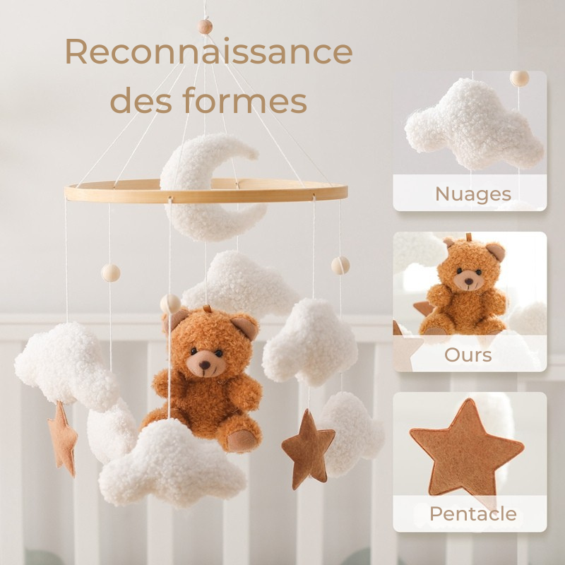 Mobile bebe reconnaissance formes avec nuages, nounours et pentacle pour stimulation cognitive