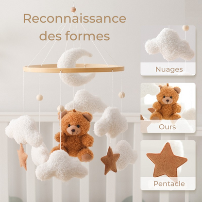 Mobile bebe reconnaissance formes avec nuages, nounours et pentacle pour stimulation cognitive