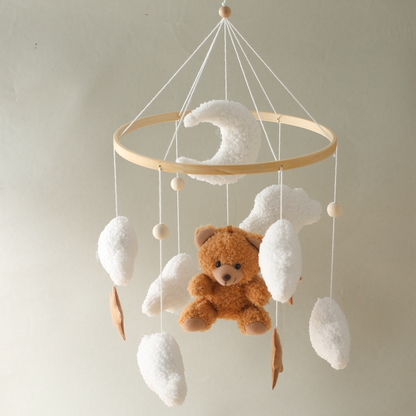 Mobile bebe suspendu complet avec nounours, croissant lune et nuages blancs pour chambre enfant