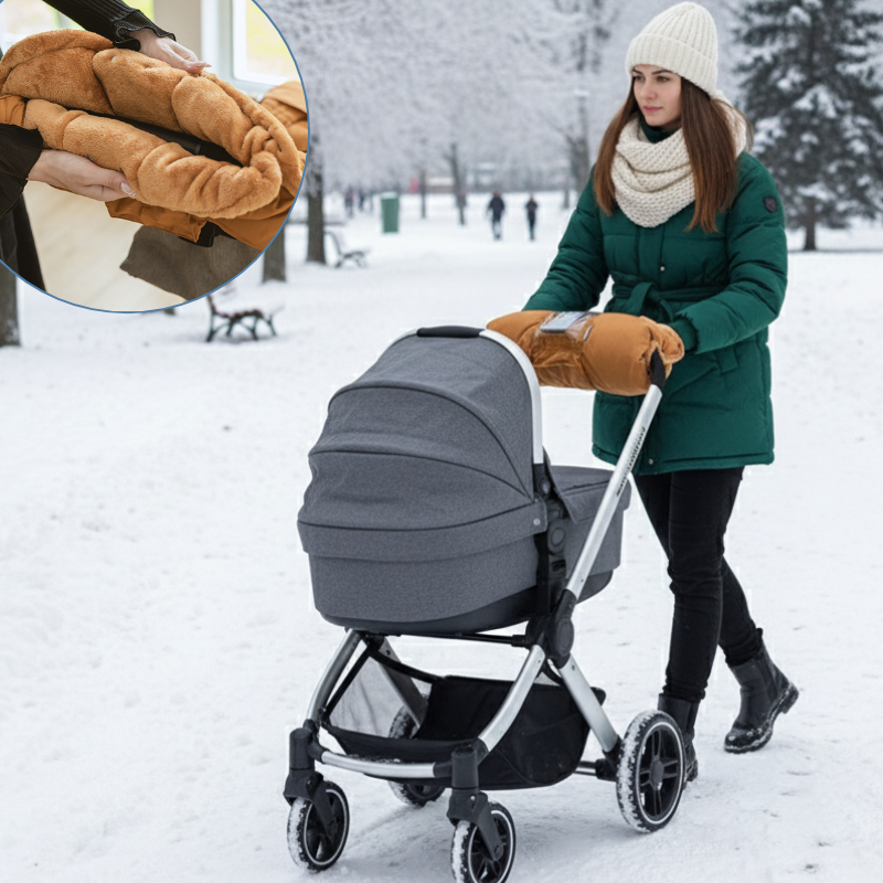 Moufle poussette camel résistant au vent et au froid, accessoire indispensable pour les parents en hiver.