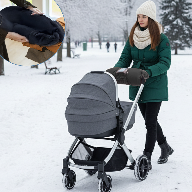 Moufle poussette noir chic et imperméable, conçu pour garder les mains bien au chaud pendant les sorties.