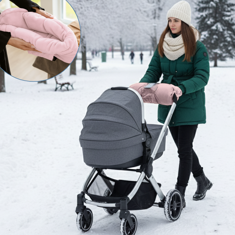 Moufle poussette rose pâle, idéal pour protéger les mains du froid en hiver lors des promenades avec bébé.
