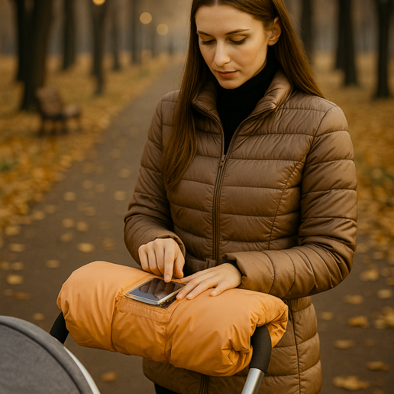 Moufle poussette pratique avec fenêtre tactile pour utiliser son téléphone tout en gardant les mains au chaud.