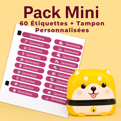 Pack Mini avec 60 étiquettes autocollantes et tampon personnalisé prénom Tracy, design rose pour fille, rentrée scolaire