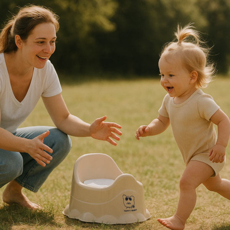 Enfant court joyeusement vers pot bebe beige Happy Baby - apprentissage propreté ludique et dynamique