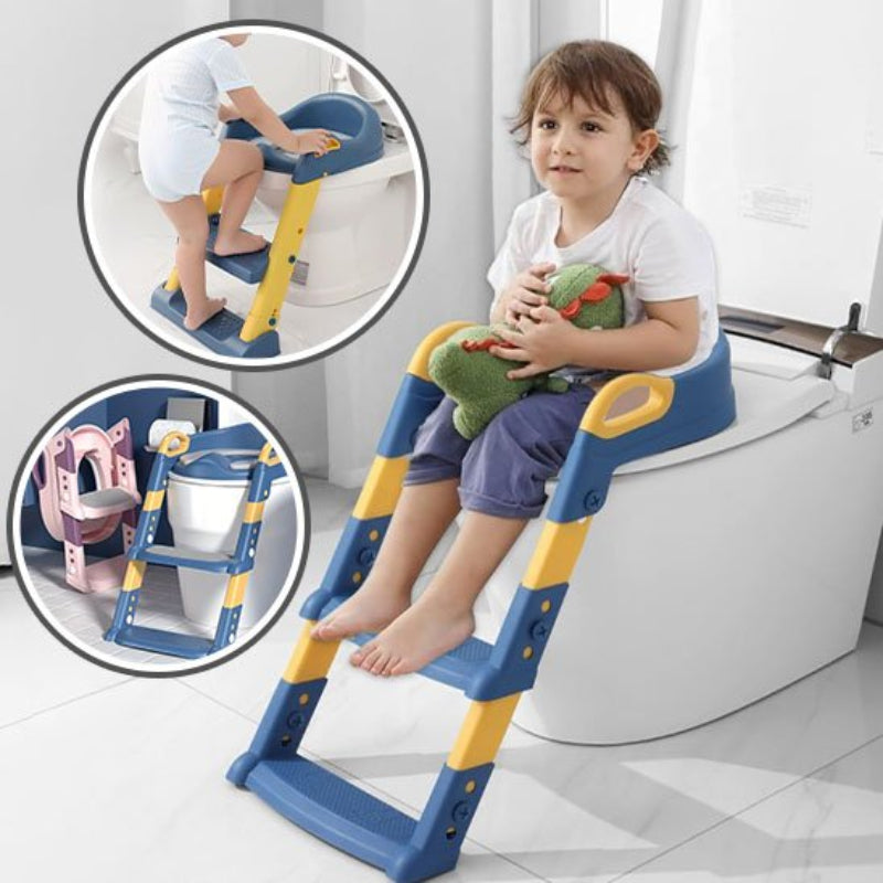 Réducteur de toilette avec échelle ajustable bleu et jaune, enfant tenant peluche verte, marches antidérapantes sécurisées